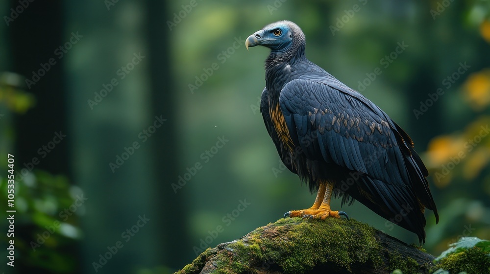 Fototapeta premium A close-up portrait of a majestic Andean Condor perched on a mossy rock, with a blurred forest background.