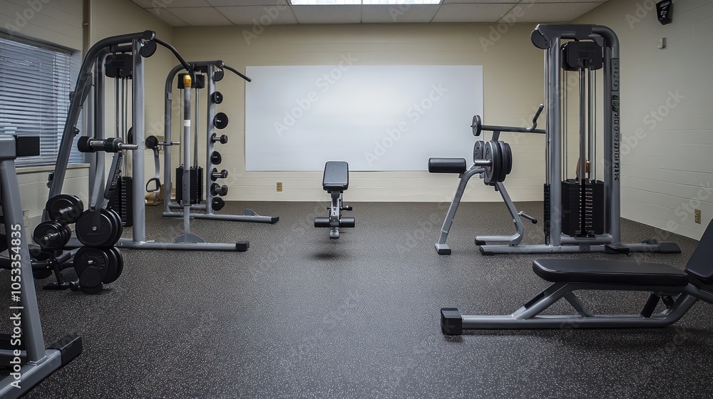 Obraz premium A well-equipped gym with various fitness machines and weights for exercise and training.