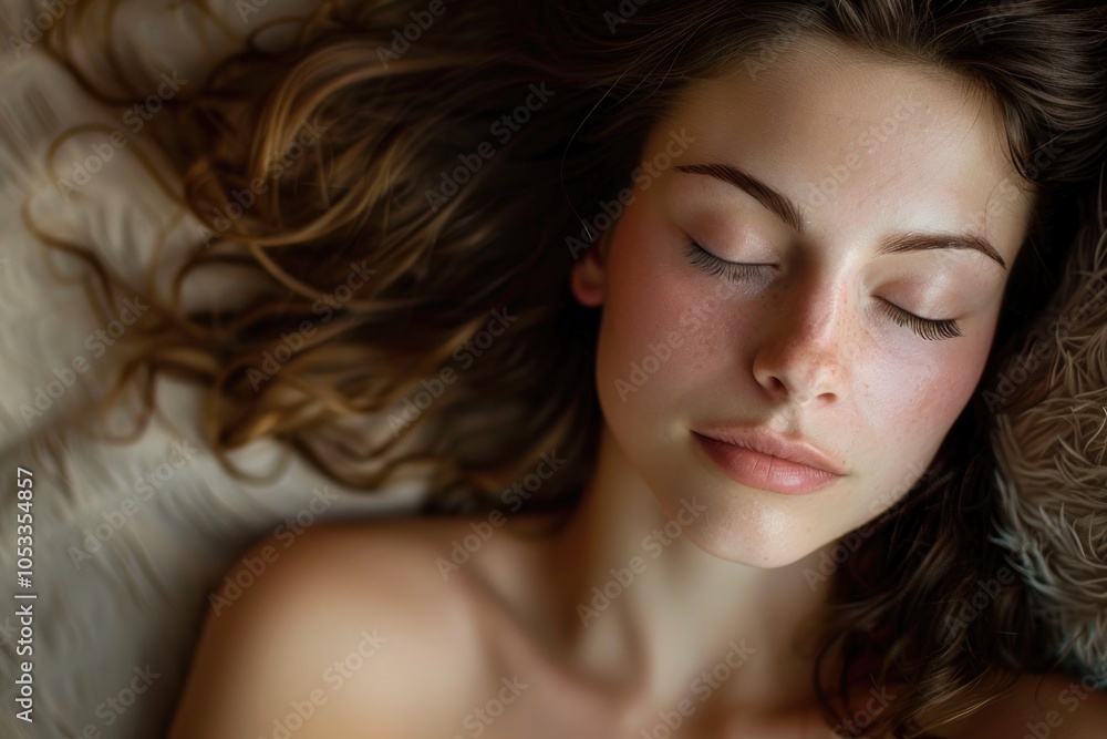 Peaceful Young Woman Sleeping on Silky Bed with Soft Lighting and Natural Makeup