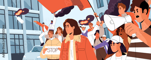 Revolution concept. People with megaphone are against smth. Angry crowd of activists does riots during demonstration, picket of fight for equality rights. Opposition meeting. Flat vector illustration
