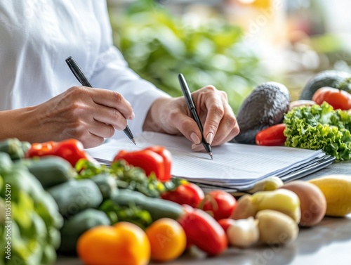 A person writing notes surrounded by fresh vegetables and fruits, emphasizing healthy eating.