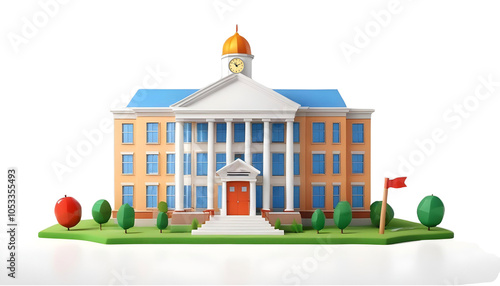 A 3d school building icon with a red brick facade, white columns, and a red flag on top. The word 