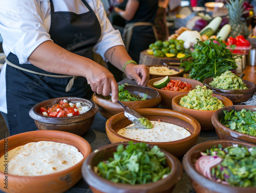 Сhef prepares traditional Mexican dishes, such as guacamole or tortillas, in front of an engaged audience photo