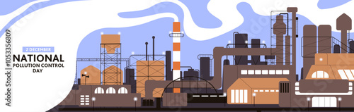 Factory chimneys with smoke clouds. Plant of heavy industry , manufacturing does emission of chemicals into air. Pollution control day, protection of environment banner. Flat vector illustration