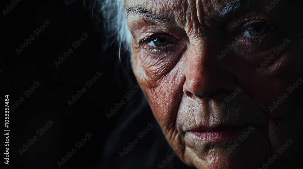 Obraz premium An elderly woman sits in quiet contemplation, her face illuminated by soft light. The intricate details of her features reveal a life rich in experience and emotion, evoking a sense of introspection.