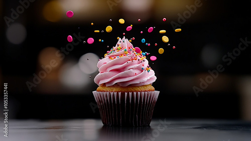 Pink Cupcake Delight: A delectable cupcake with swirls of pink frosting, adorned with colorful sprinkles, is captured mid-air as sprinkles burst around it.  A magical moment of sweet indulgence. photo