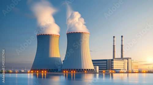 Nuclear facility with cooling towers emitting thick clouds of steam against sunset backdrop, showcasing industrial architecture and energy production