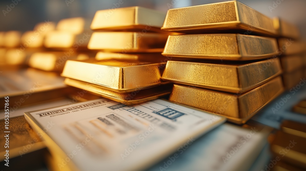 Stacks of Gold Bars on Financial Documents. Wealth, Investment, and Economic Security Concept. Stacks of Gold Bars on Financial Documents. Wealth, Investment, and Economic Security Concept.
