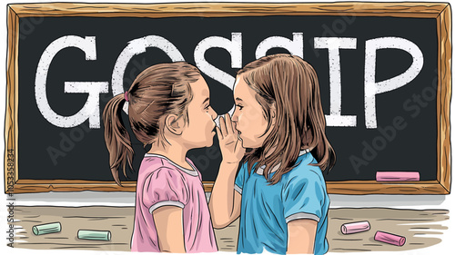 Two Young Girls Whispering Secret Against Chalkboard 