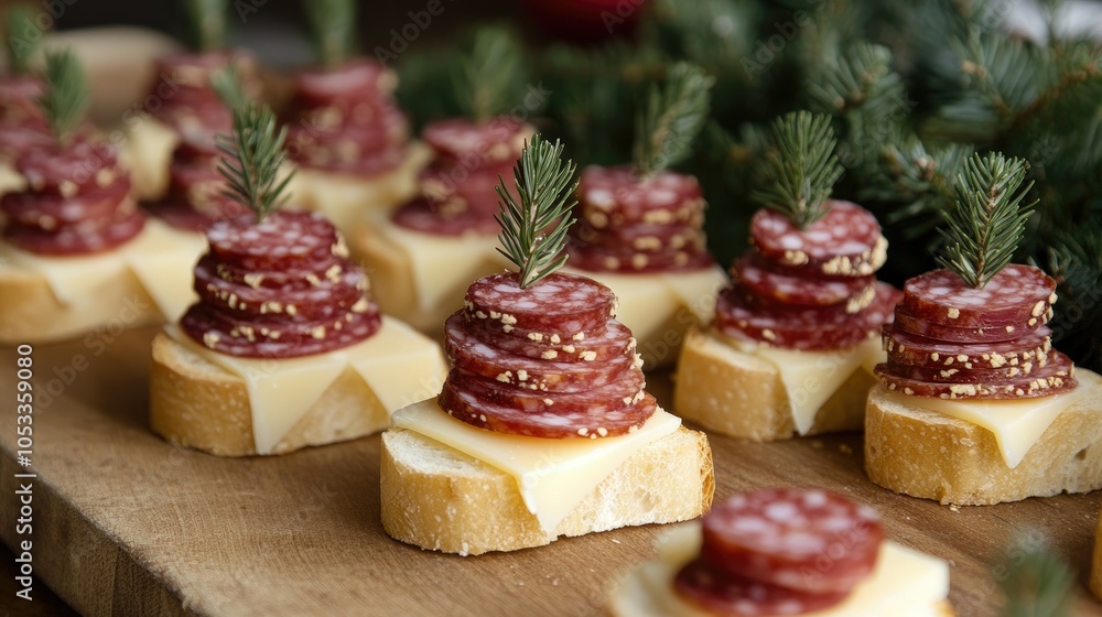 Baguette slices topped with salami and cheese arranged as mini Christmas trees, ready for serving. Baguette slices topped with salami and cheese arranged as mini Christmas trees, ready for serving.
