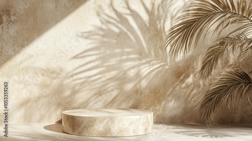 Beige pastel scene with a stylish podium and soft palm shadows, creating a serene and luxurious backdrop