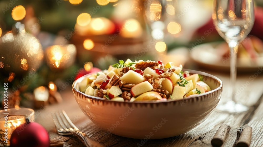 Bowl of creamy Ensalada de Manzana with apples and nuts, holiday table setup Bowl of creamy Ensalada de Manzana with apples and nuts, holiday table setup