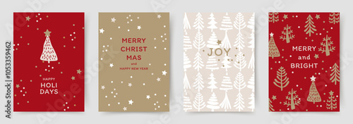 Merry Christmas and Happy New Year greeting card Set. Xmas cute background with hand drawn of Christmas tree and snow pattern. Holiday vector templates for banner, invitation, poster, advertising