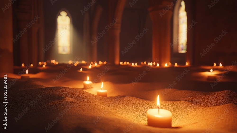 Candlelight in sandy setting within a church, soft glow symbolizing Candlemas Candlelight in sandy setting within a church, soft glow symbolizing Candlemas
