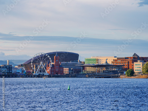 View over Cardiff Bay towards Pierhead Building and Millennium Centre, Cardiff, Wales, United Kingdom photo