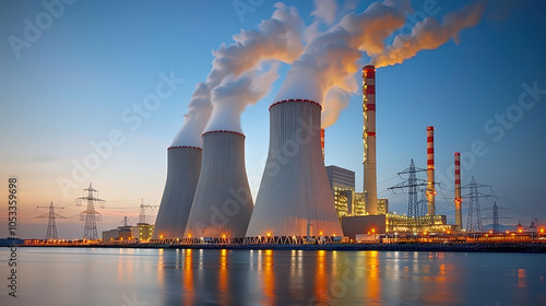Nuclear power plant emitting thick clouds of smoke at sunset, showcasing industrial structures and power lines. scene evokes sense of energy production and environmental impact