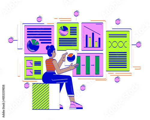 Data-driven product management doodle illustration concept. Business analyst with charts. Project manager african american woman cartoon 2D character isolated on white. Hand drawn vector drawing