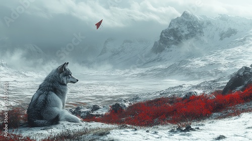 A lone wolf sits in a snowy mountain valley, a red paper airplane flying overhead. photo