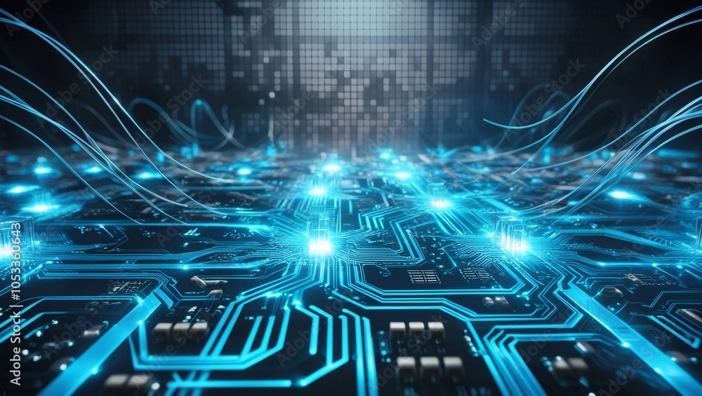 Close-up of an intricate blue circuit board design, showcasing the complexity of modern computing systems and technological engineering Close-up of an intricate blue circuit board design, showcasing the complexity of modern computing systems and technological engineering