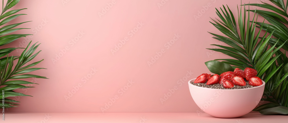 A bowl of fresh strawberries sits amidst vibrant green leaves against a soft pink backdrop, creating a refreshing and inviting composition. A bowl of fresh strawberries sits amidst vibrant green leaves against a soft pink backdrop, creating a refreshing and inviting composition.