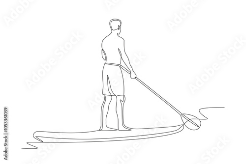 Man standing on kayak on river. Kayak concept one-line drawing