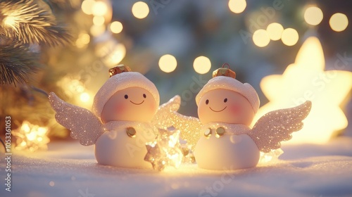 Cute Christmas angels glowing under warm lights, set in a cozy holiday atmosphere. photo