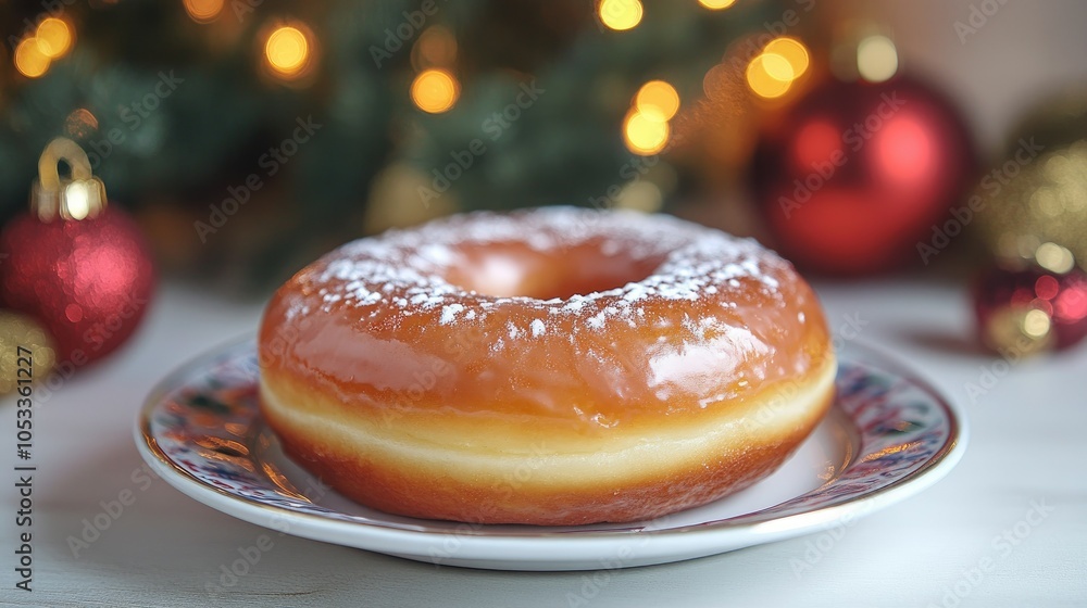 Delicious donut on a plate with Hanukkah decorations in the background, ideal for holiday promotions. Delicious donut on a plate with Hanukkah decorations in the background, ideal for holiday promotions.