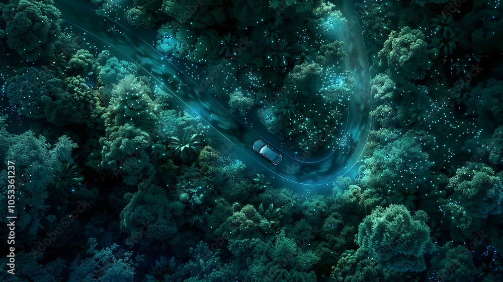 a bird's eye drone view of a modern electric car driving along a narrow path through a mystical, bioluminescent forest a bird's eye drone view of a modern electric car driving along a narrow path through a mystical, bioluminescent forest