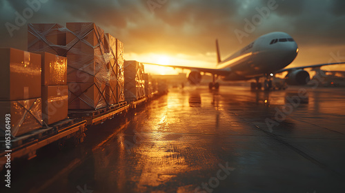 Realistic Shot of a Cargo Plane Unloading Boxes and Pallets from Its Open Hatch at an Airport – Highlighting Global Logistics, Air Freight Operations, and the Efficiency of Supply Chain Management 