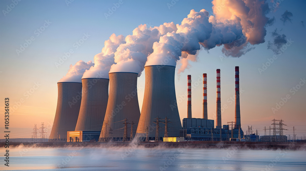 Cooling towers release steam and smoke into sky at nuclear power plant ...