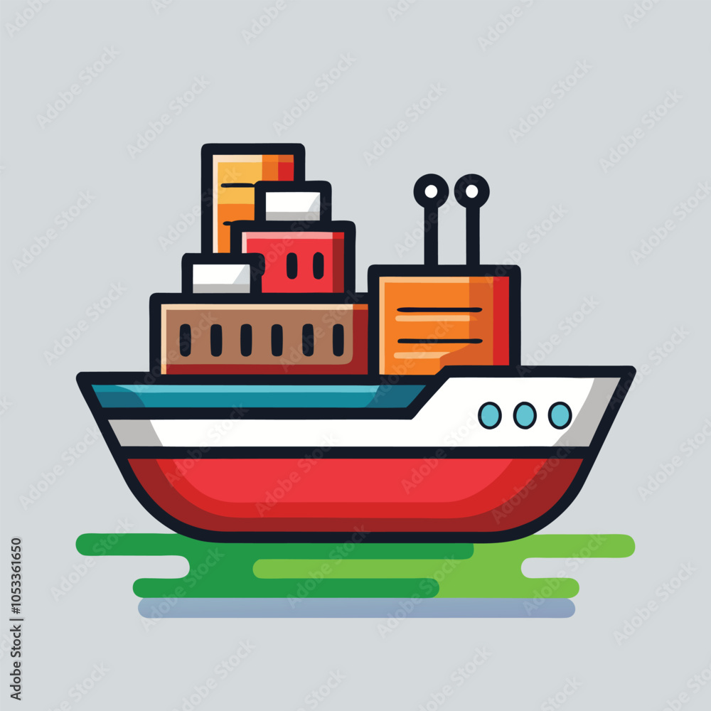 Obraz premium A cartoon illustration of a red and white cargo ship with containers on its deck.