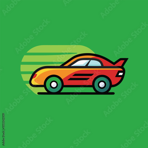 A cartoon sports car illustration in bright colors. The car is speeding along.