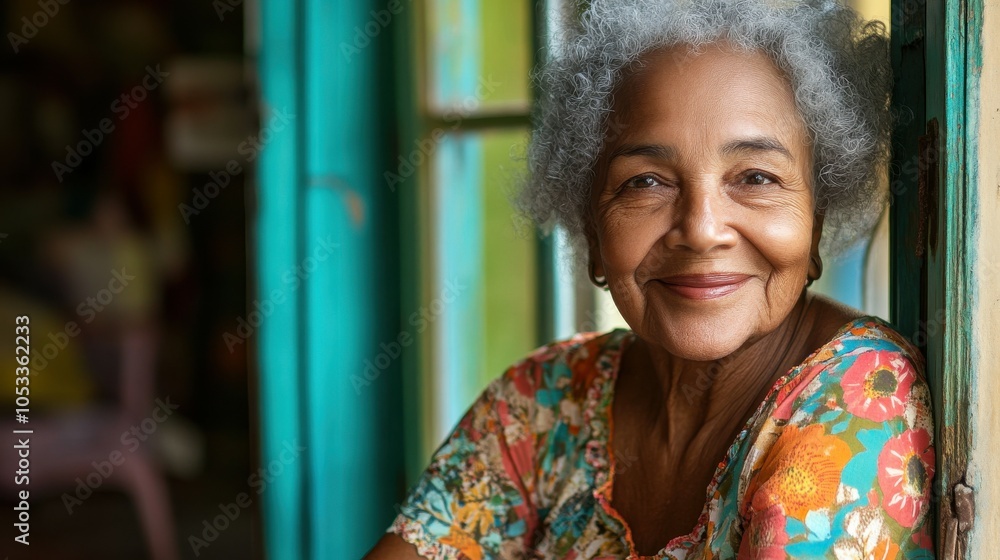 Fototapeta premium Elderly Brazilian woman with a floral dress