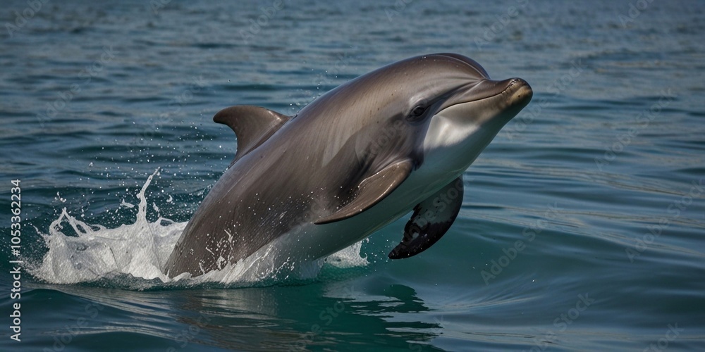 Obraz premium A graceful dolphin leaps out of the sparkling water, its sleek body catching the sunlight, embodying freedom and agility. AI generated.