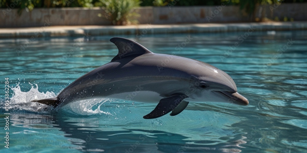 Obraz premium A graceful dolphin leaps out of the sparkling water, its sleek body catching the sunlight, embodying freedom and agility. AI generated.