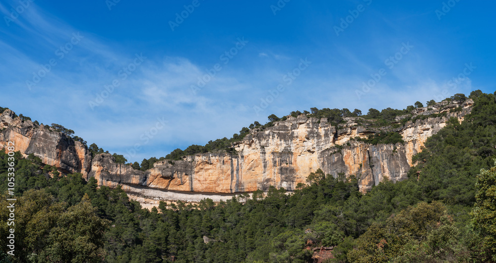a striking limestone cliff formation rising above a dense forest, under a sky brushed with wispy cirrus clouds, reflecting a serene natural landscape a striking limestone cliff formation rising above a dense forest, under a sky brushed with wispy cirrus clouds, reflecting a serene natural landscape