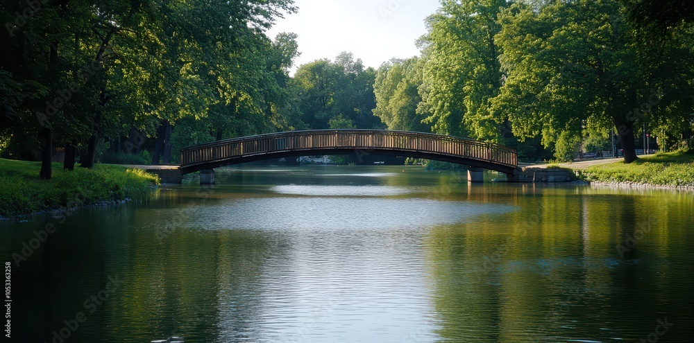 Obraz premium Charming riverside waterfront featuring a picturesque bridge, perfect for serene escapes and scenic views.