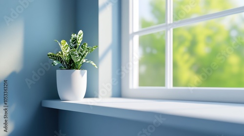 Potted plant on sunny windowsill 