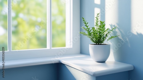 Potted plant on sunny windowsill 