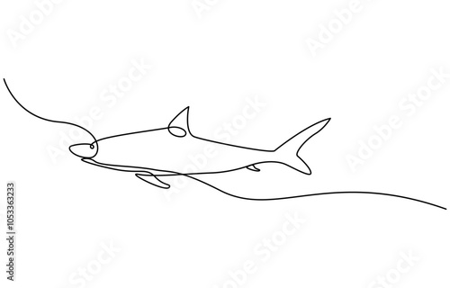 Continuous one line drawing of shark fish. Simple illustration of saltwater fish line art vector illustration, One line drawing of a shark. Graphic vector illustration of shark continuous line drawing