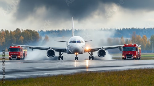 Airplane emergency landing runway fire trucks smoke aviation safety AI generated
