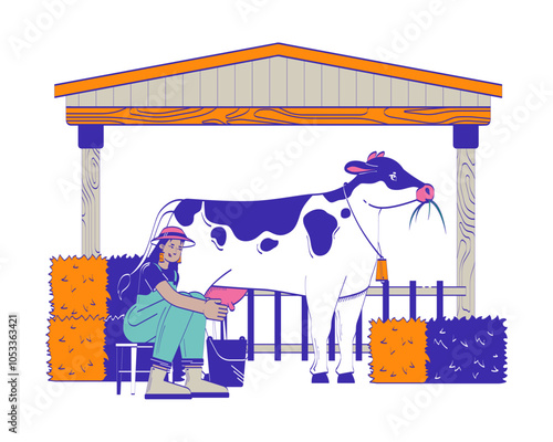 Farmer woman milking cow doodle cartoon illustration. Cattle cowshed. Dairy farm milkmaid latin american countrywoman 2D flat character isolated on white. Doodleart hand-drawn drawing colorful