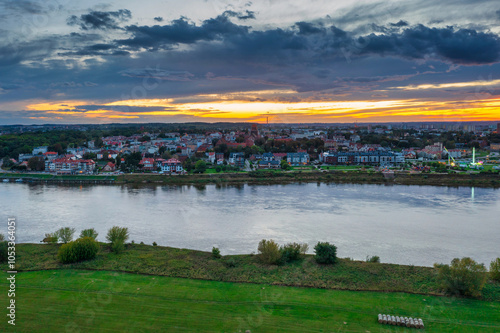 Beautiful scenery of Tczew bridge over the Vistula River at sunset. Poland