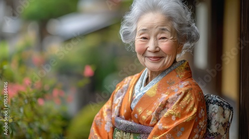 Elderly Japanese woman with a kimono and a kind smile.