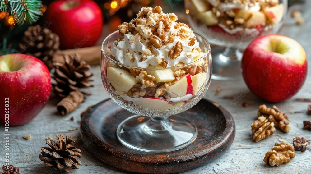 Traditional holiday apple salad with apples, cream, and walnuts, festive Mexican dish Traditional holiday apple salad with apples, cream, and walnuts, festive Mexican dish