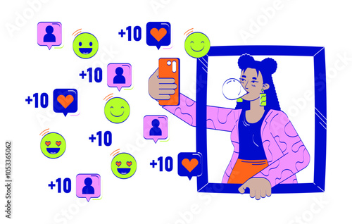 Latina girl taking selfie for social media doodle illustration concept. Gum bubble influencer gen z. Hispanic young woman smartphone cartoon 2D character isolated on white. Hand drawn vector drawing