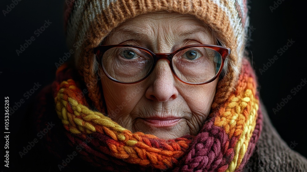 Elderly Swedish woman with glasses and a knitted scarf. Elderly Swedish woman with glasses and a knitted scarf.