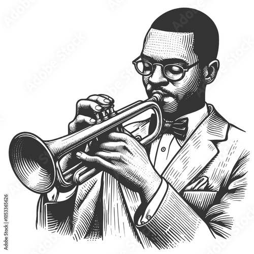 jazz musician playing the trumpet, dressed in a suit and hat, evoking classic jazz era vibes sketch engraving generative ai vector illustration. Scratch board imitation. Black and white image.