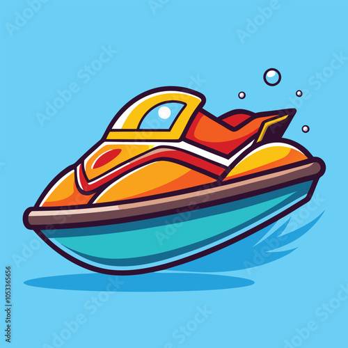 A cartoon illustration of a yellow and red jet ski speeding across the water, leaving a trail of bubbles behind.