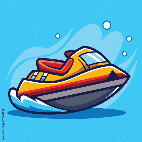 A yellow and red jet ski speeding across the water, leaving a trail of white foam.